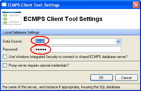 Two items circled which need to be updated: Data source and password